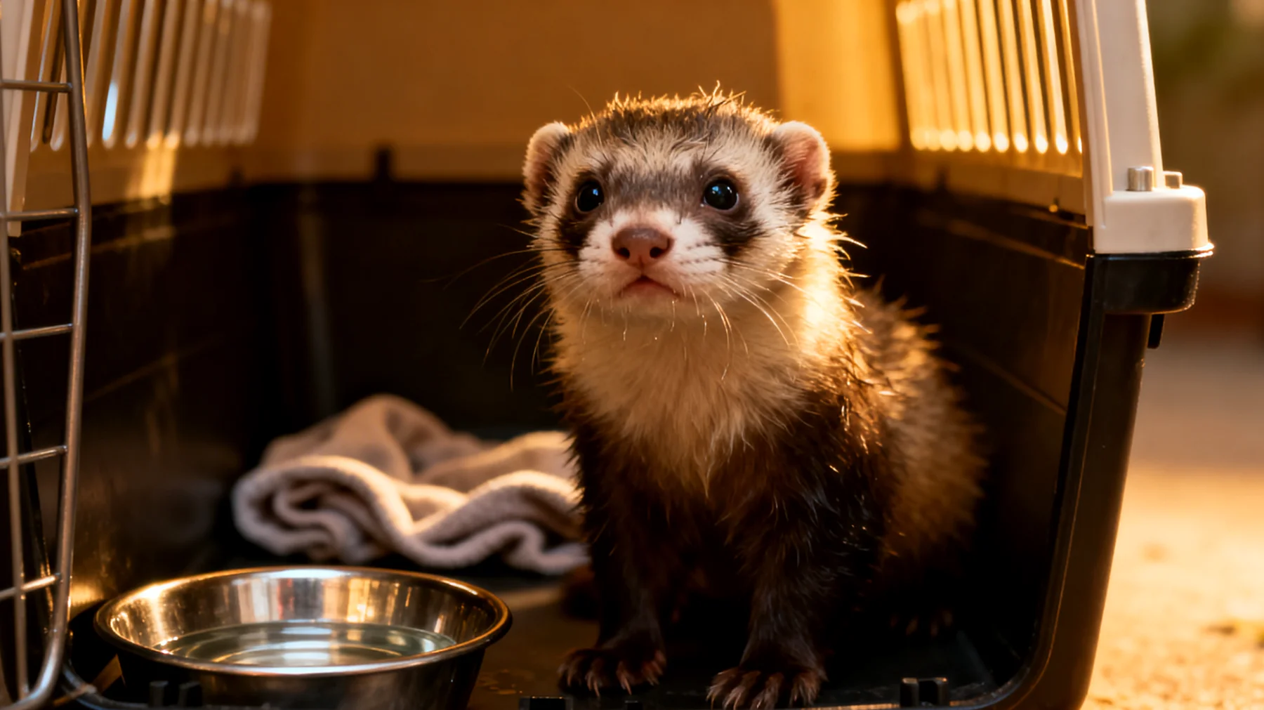 Frettchen leiden während Reisen häufig unter Stress und Dehydration, da sie in ungewohnten Transportboxen und durch häufige Standortwechsel verunsichert werden"