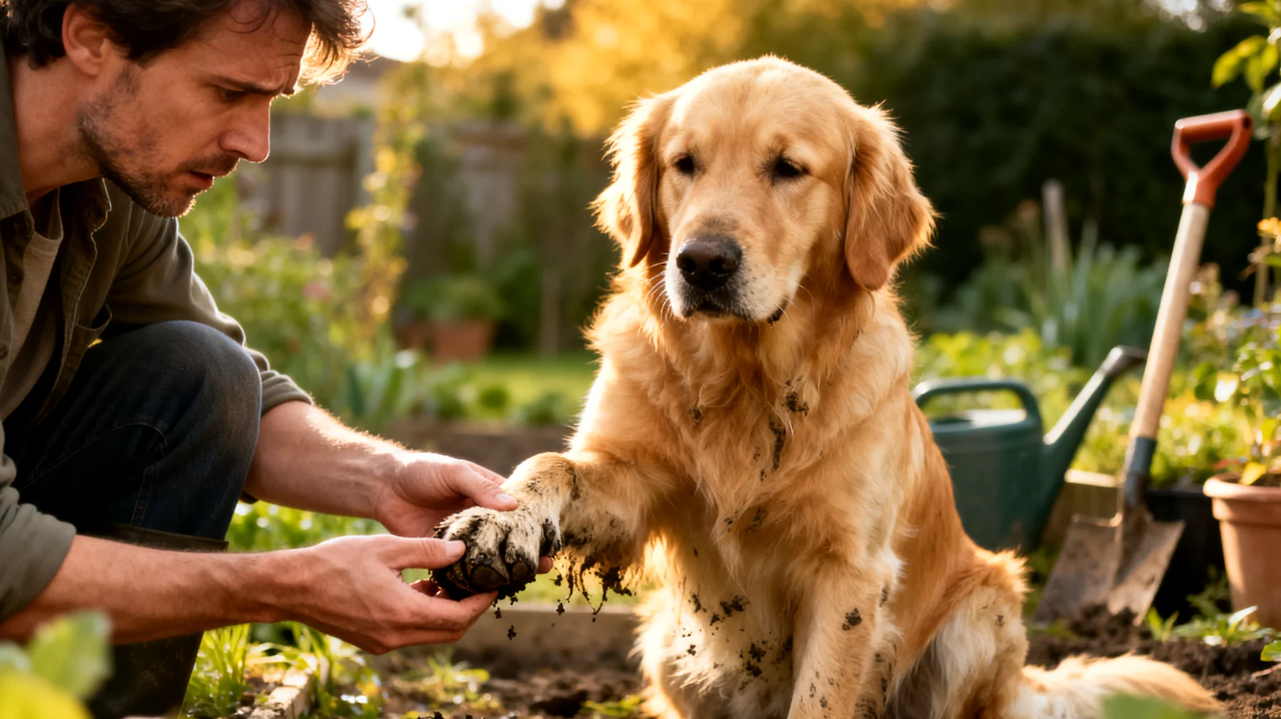 Hunde im Garten benötigen regelmäßige Parasitenprophylaxe und Pfotenpflege, da sie durch Kontakt mit Erde, Pflanzen und Wildtieren einem erhöhten Risiko für Zecken, Flöhe, Würmer und Verletzungen an den Pfotenballen ausgesetzt sind"