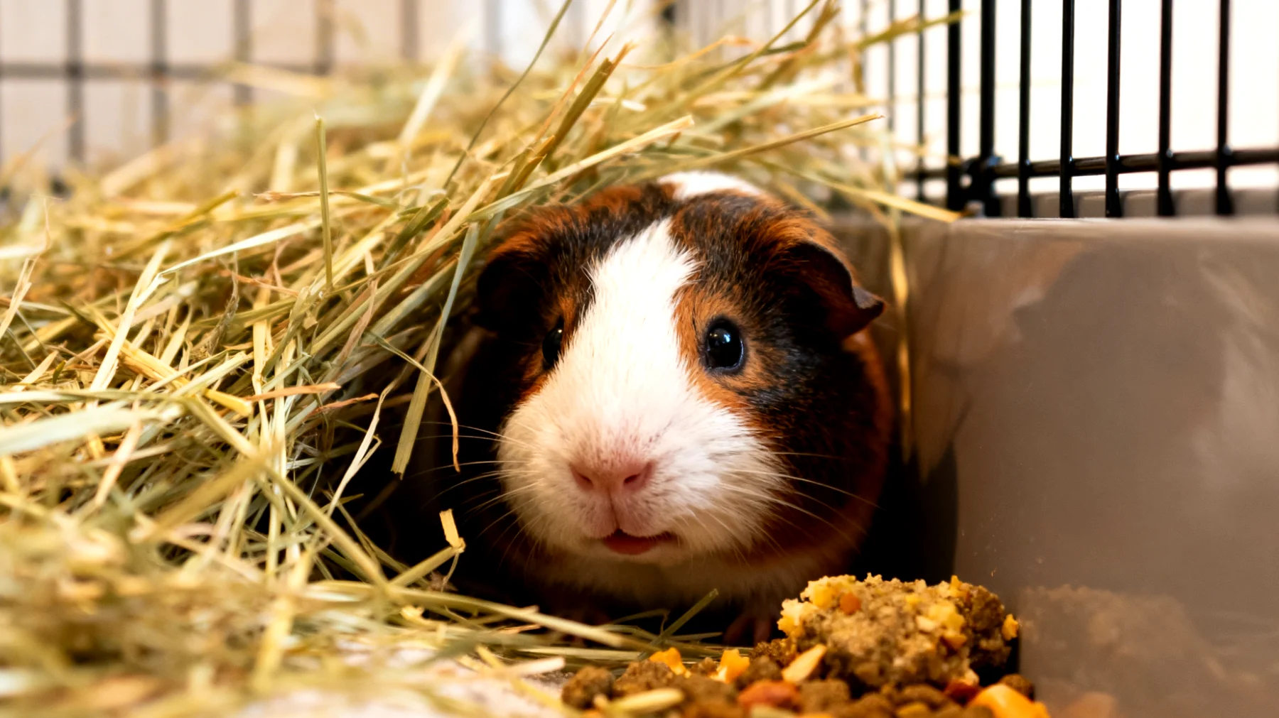 Neuankömmlinge-Meerschweinchen haben Schwierigkeiten, sich in ihrer neuen Umgebung einzugewöhnen und zeigen Anzeichen von Stress wie Verstecken, Nahrungsverweigerung oder übermäßige Scheu gegenüber Menschen"