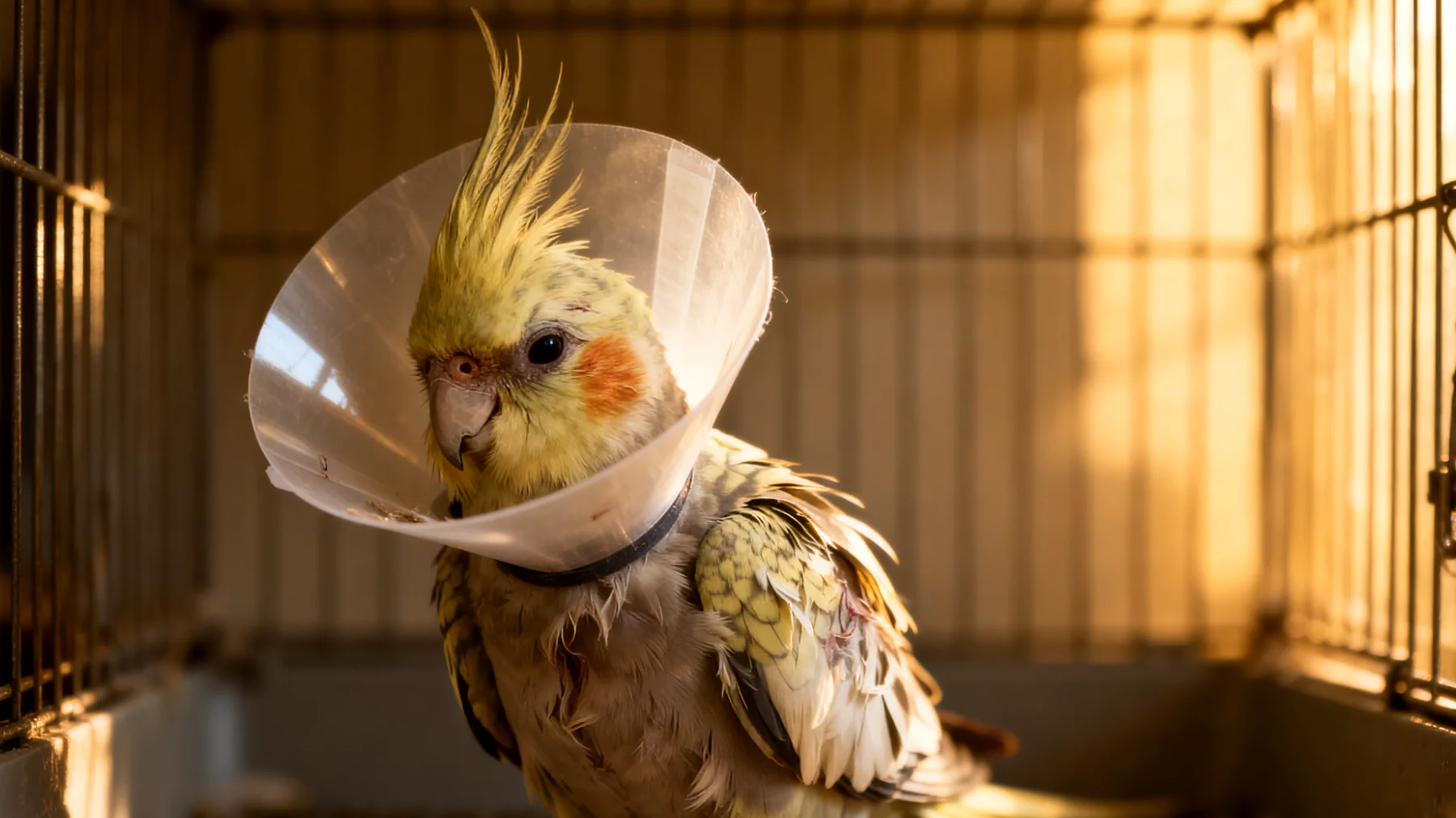 Nymphensittiche zeigen nach der Kastration häufig Stresssymptome wie vermehrtes Schreien, Federrupfen oder Appetitlosigkeit und benötigen besondere Maßnahmen zur Entspannung und emotionalen Stabilisierung während der Genesungsphase"